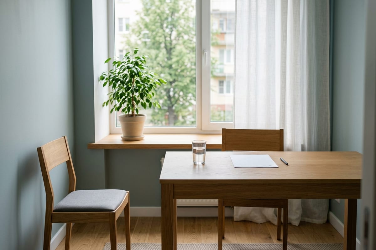 Светлый кабинет врача без людей: на столе пустой бланк назначений, ручка и стакан воды, на подоконнике комнатное растение